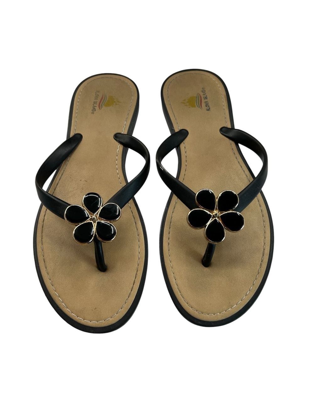 Aloha Island Black Floral Toe-Post Sandals with Gold Trim